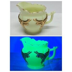 Heisey Custard Uranium Glass Winged Scroll Creamer Glows Under UV Gold Accents